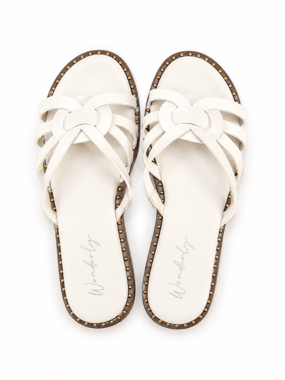 Wonderly White Braided Knot Slide Sandals with Gold Stud Edge